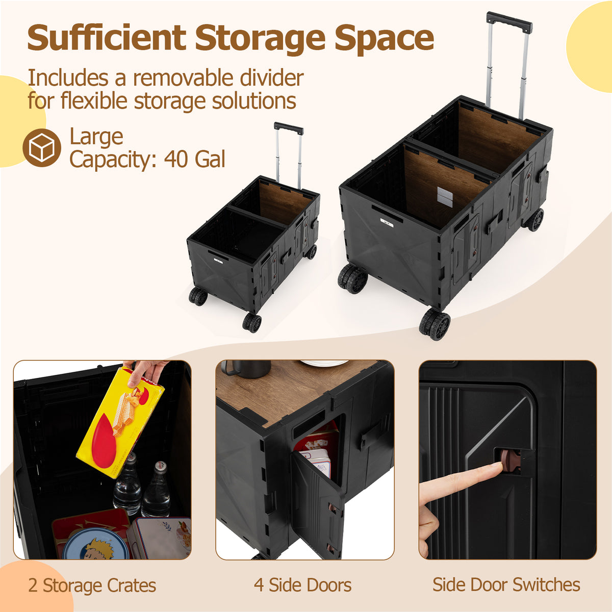 Large Foldable Utility Cart with 2-Tier Storage Crates and