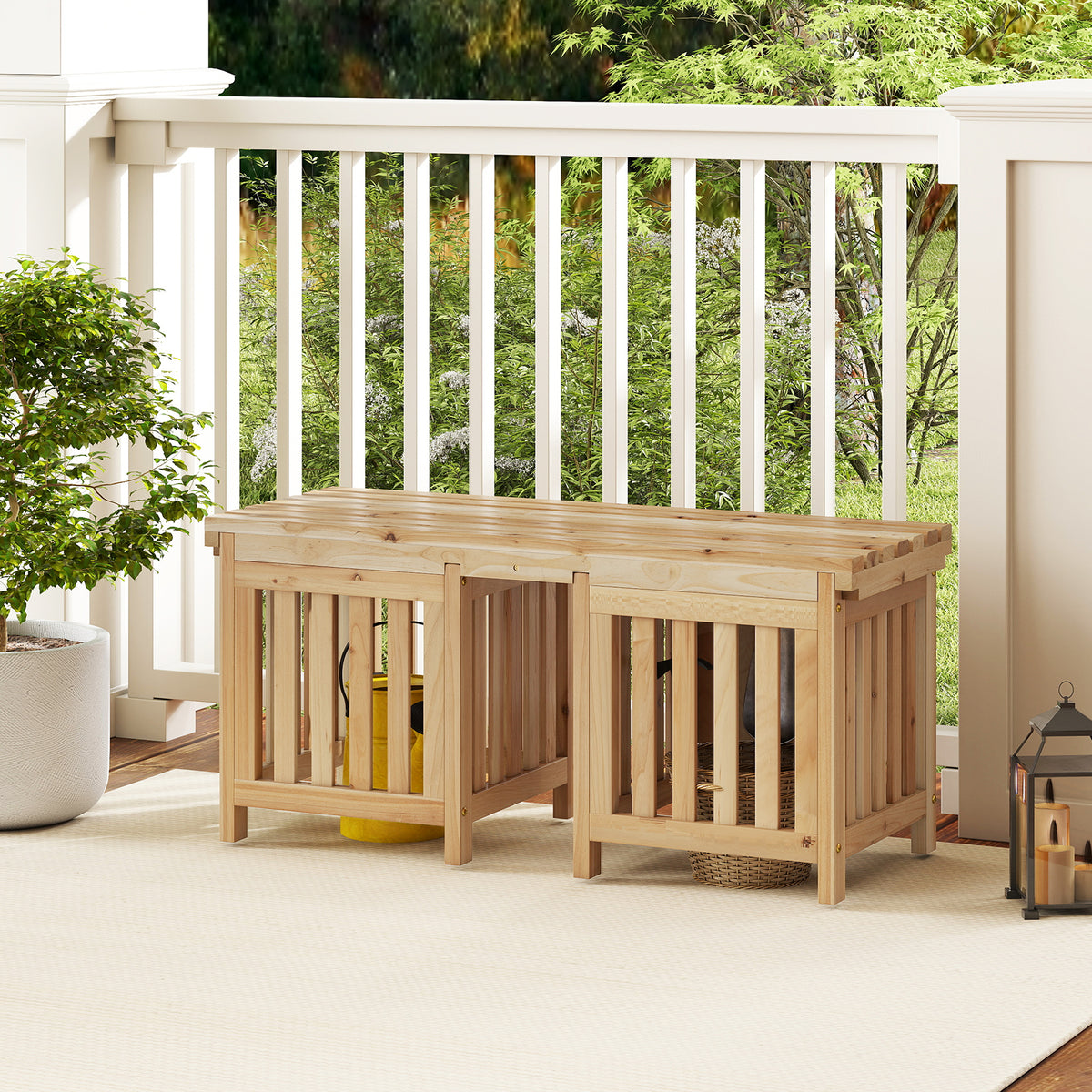 2-Person Wooden Patio Bench with Planter Boxes - Natural