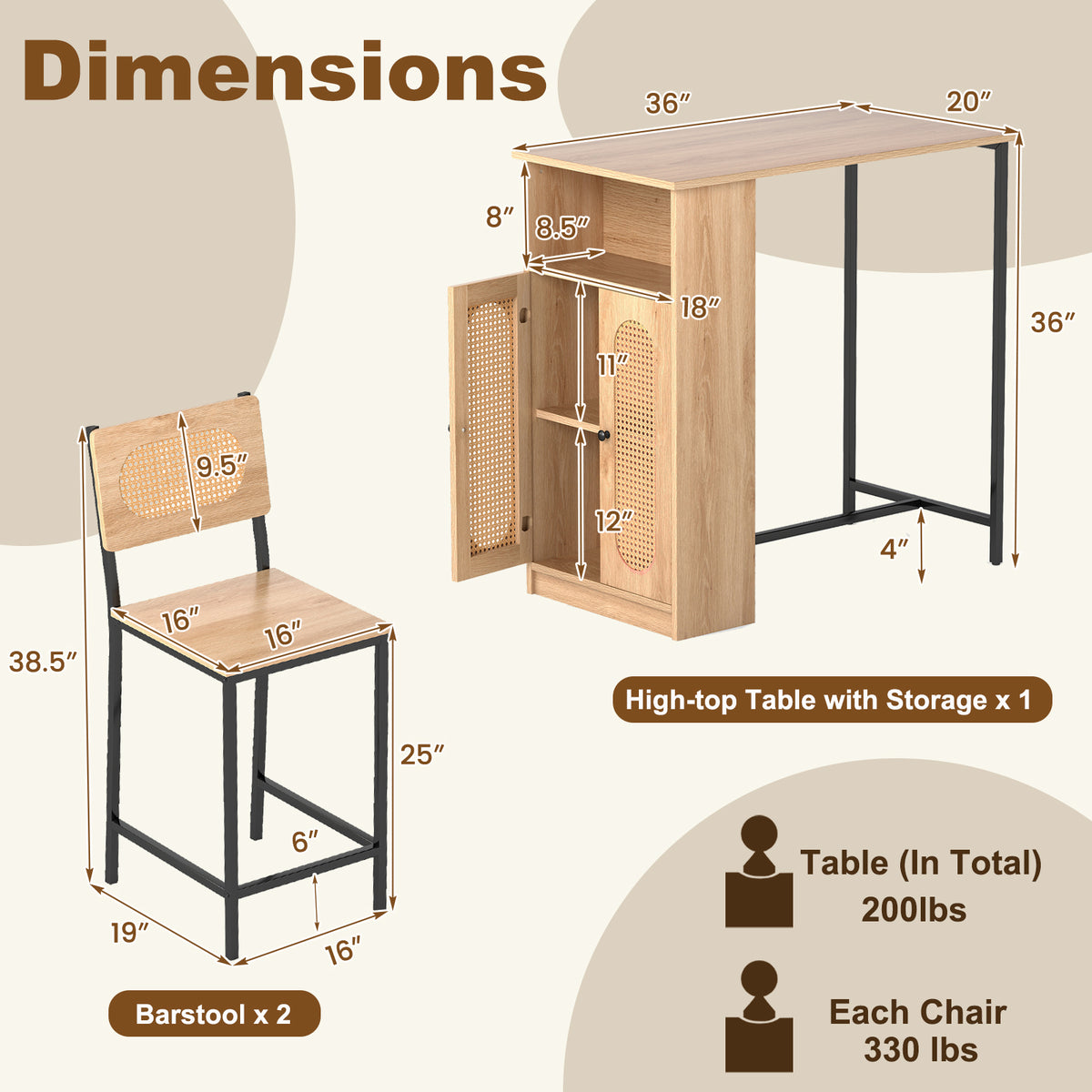 3-Piece Bar Table and Chairs Set with Storage - Natural