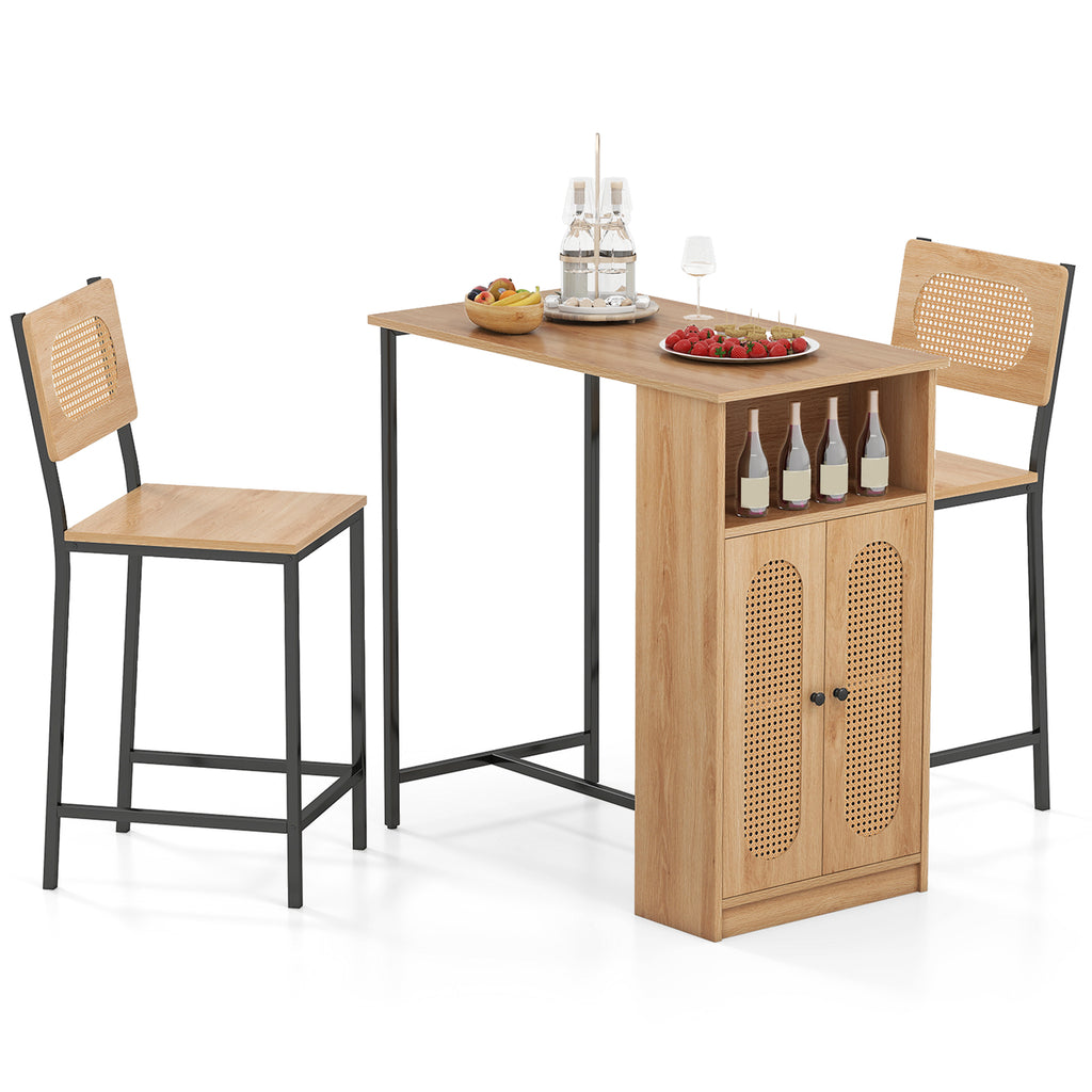 3-Piece Bar Table and Chair Set with Storage Shelves - Natural