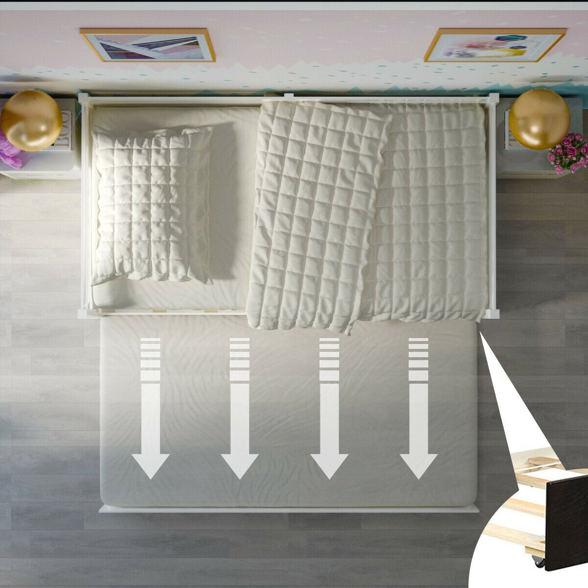 Twin Size Trundle Bed Frame with Wood Slat Support - White