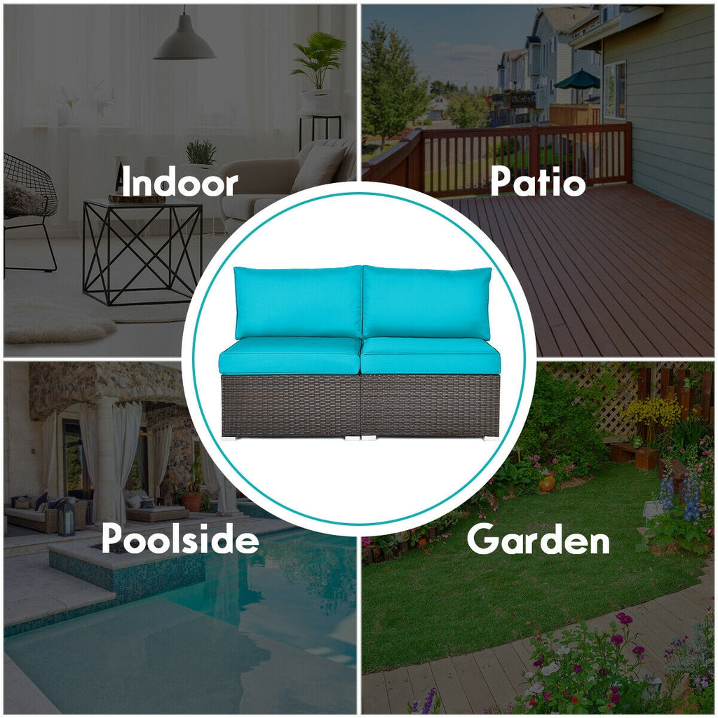 2 Pieces Patio Rattan Armless Sofa Set with Cushions and Pillows