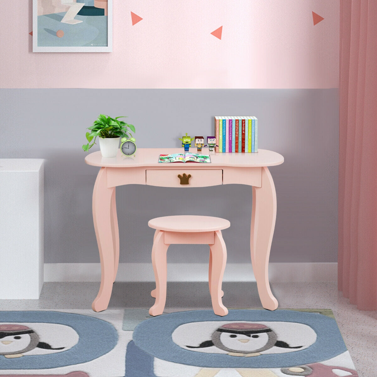 Kids Makeup Dressing Table with Tri-Fold Mirror & Stool - Pink - Costway