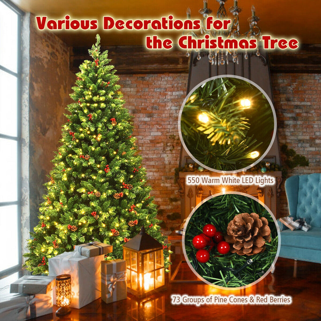 7.5Ft Pre-lit Hinged Christmas Tree with 550 LED Lights & Metal Stand