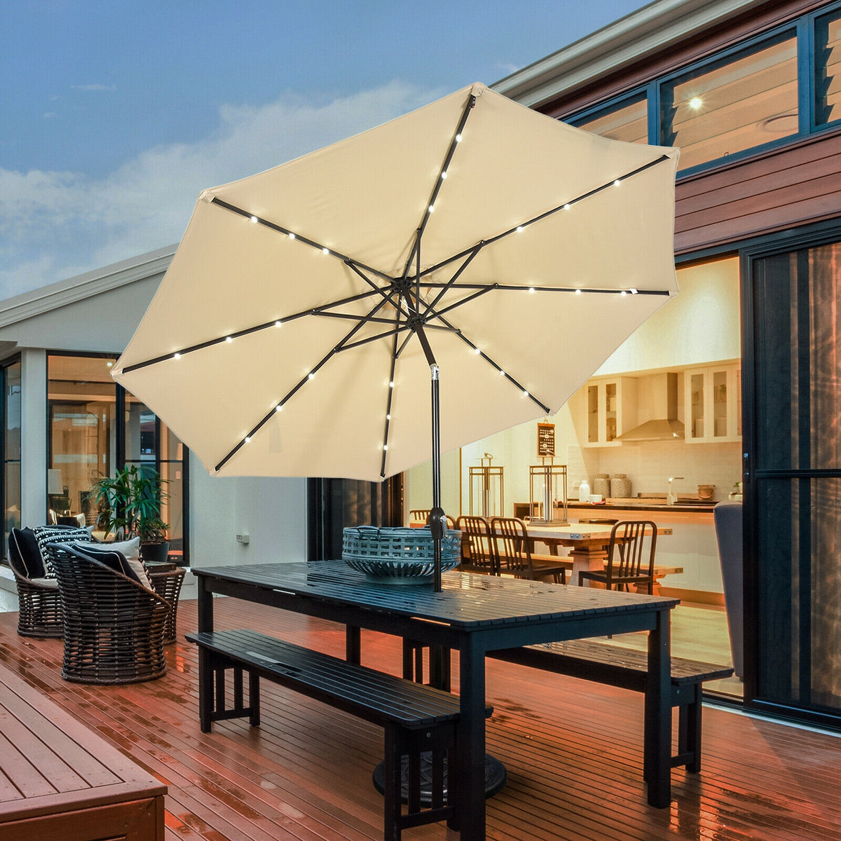 10 Ft Solar Patio Umbrella with 24 LED Lights - Beige
