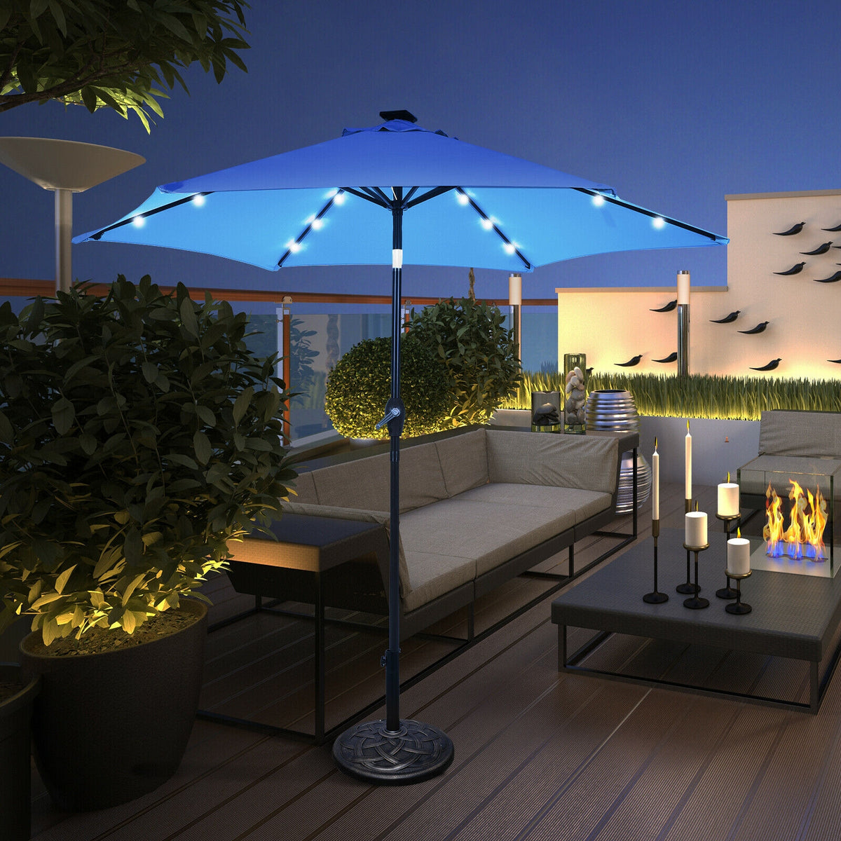 9x8 Solar LED Market Umbrella with Tilt - 18 Lights, Blue