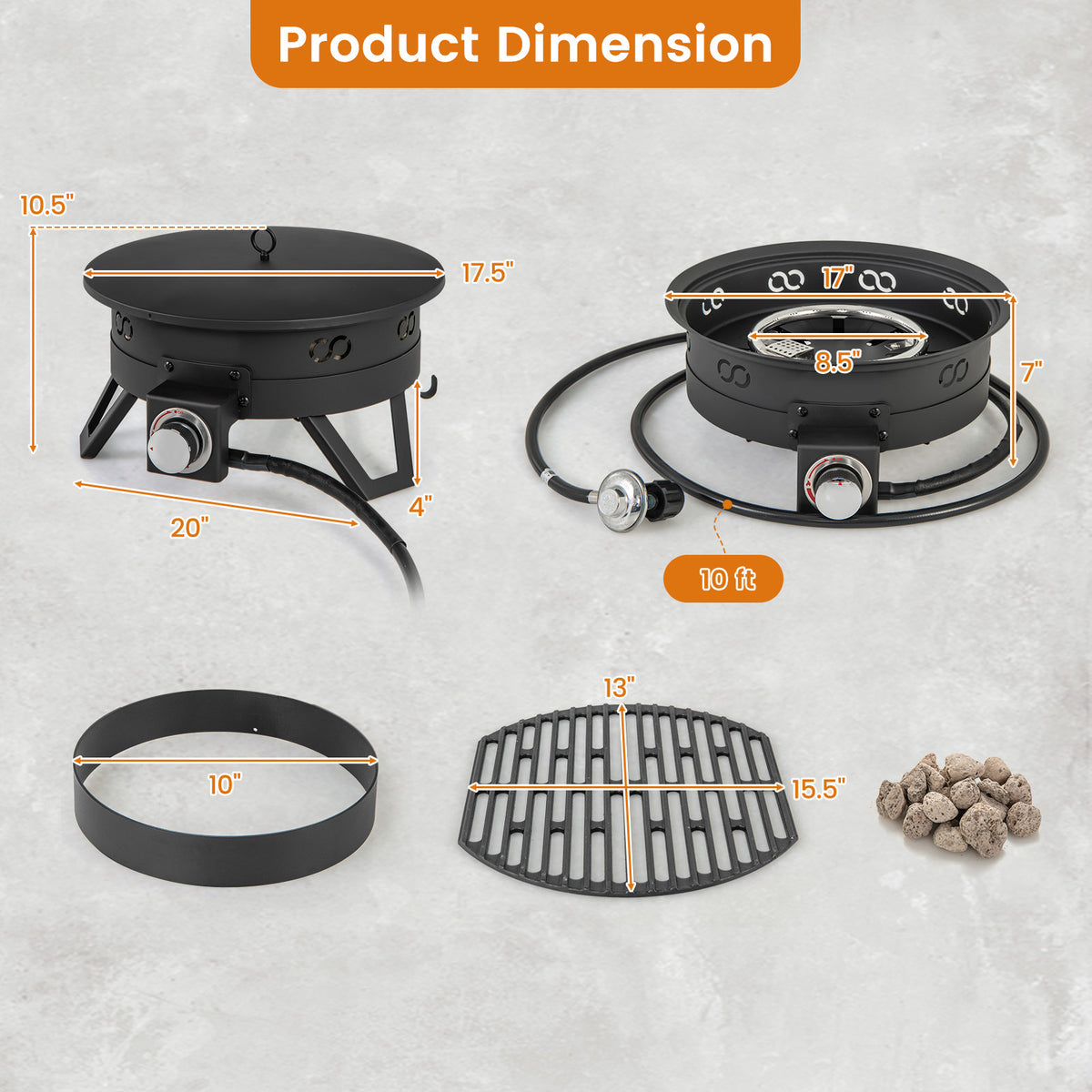 17 Inch Portable Gas Fire Pit with Folding Legs and Removable Grill