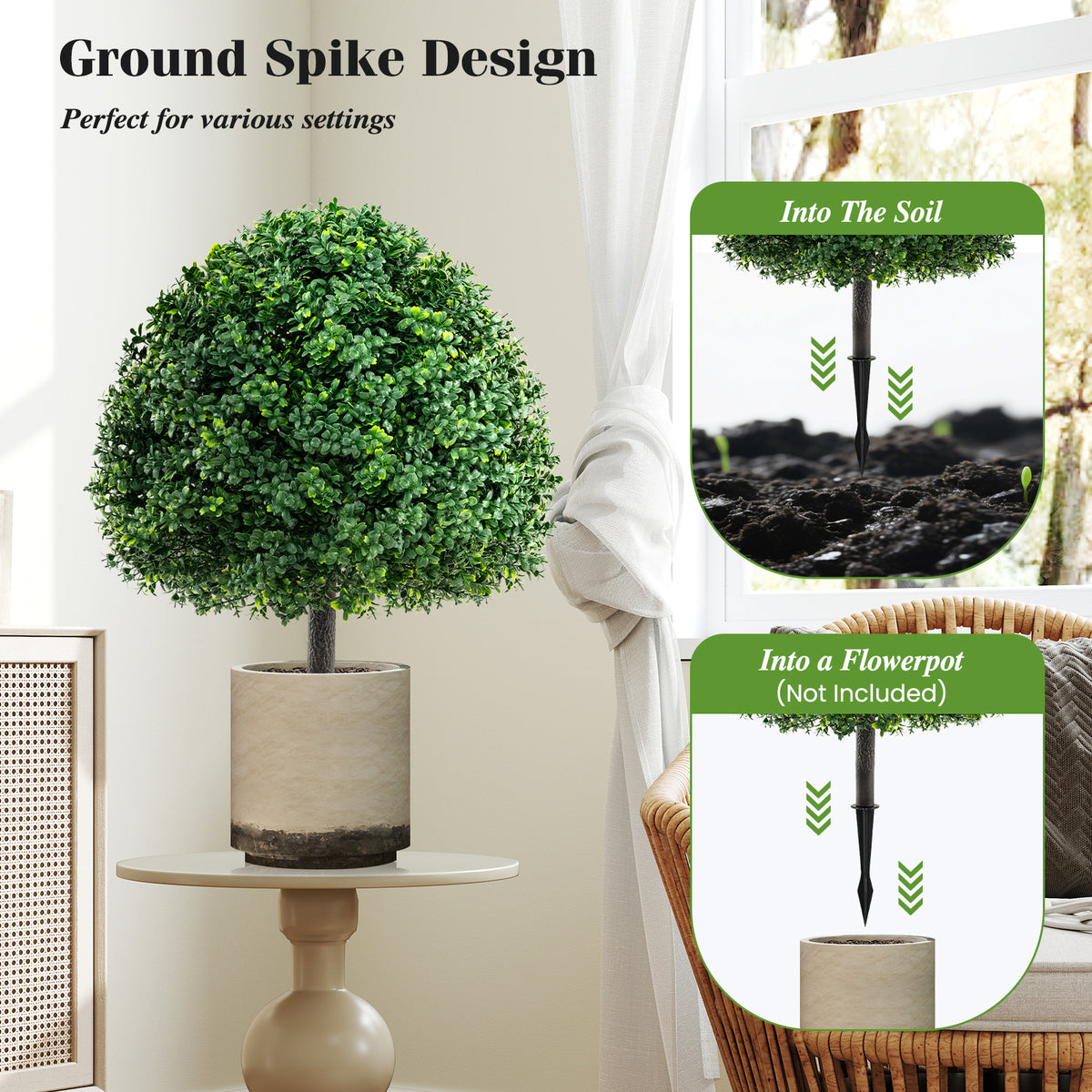 28-Inch Artificial Boxwood Topiary Ball Tree Set of 2 with Ground Spike - Green