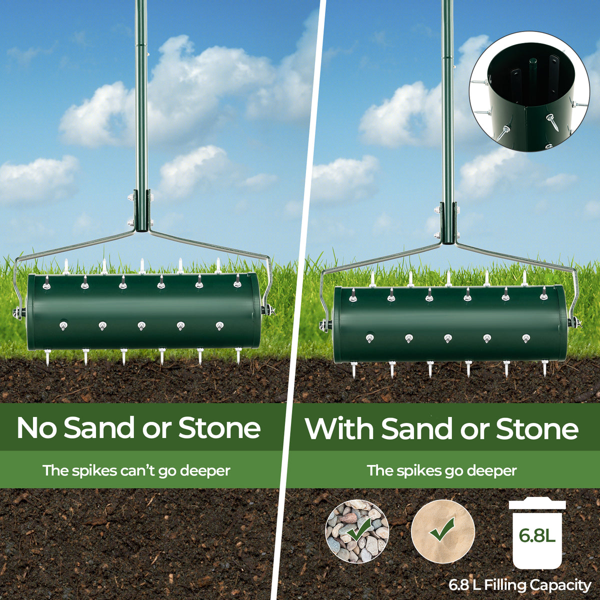 18/21 Inch Manual Lawn Aerator with Detachable Handle Filled Sand or