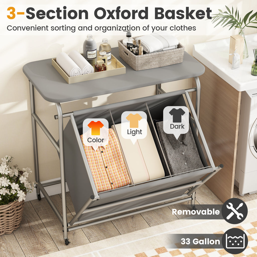 3-Section Laundry Sorter with Foldable Ironing Board, Gray
