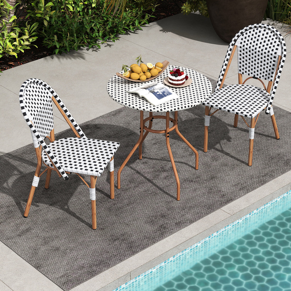 3 Piece French Bistro Table Chair Set with Outdoor Wicker Round and 2
