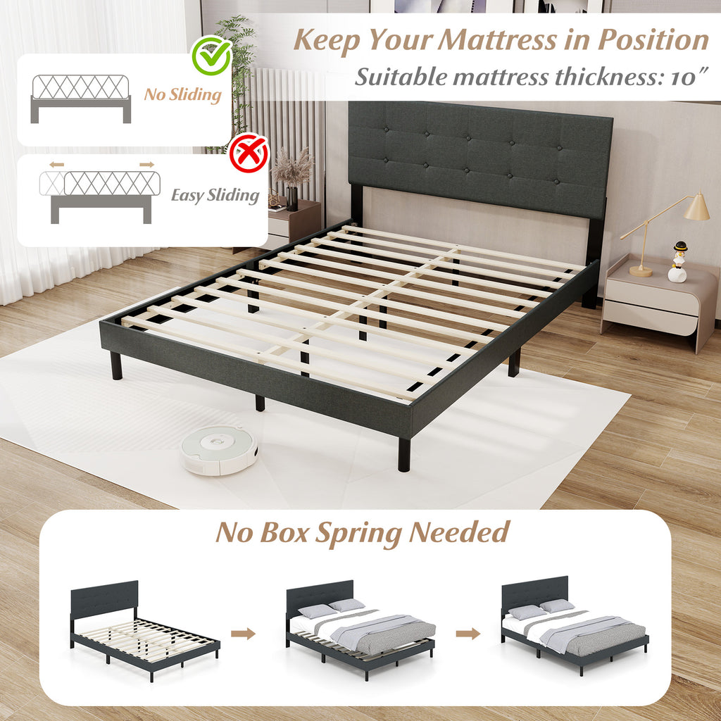Queen Size Upholstered Bed Frame Linen Platform Bed - Dark Gray