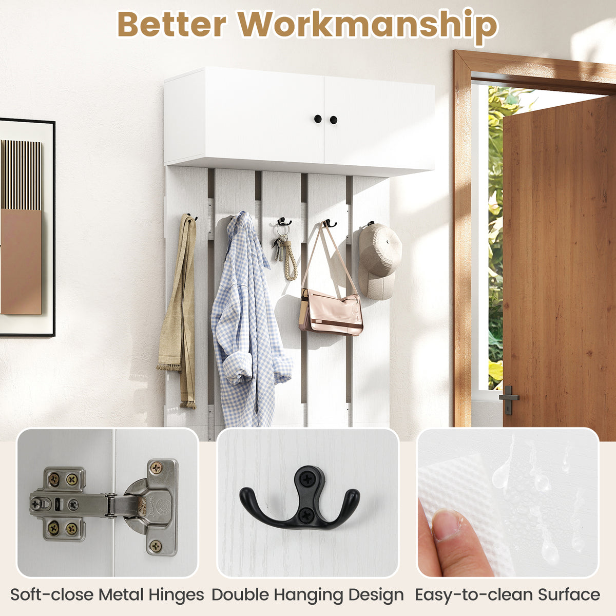 Wall Mounted Coat Rack with Storage Cabinet, White