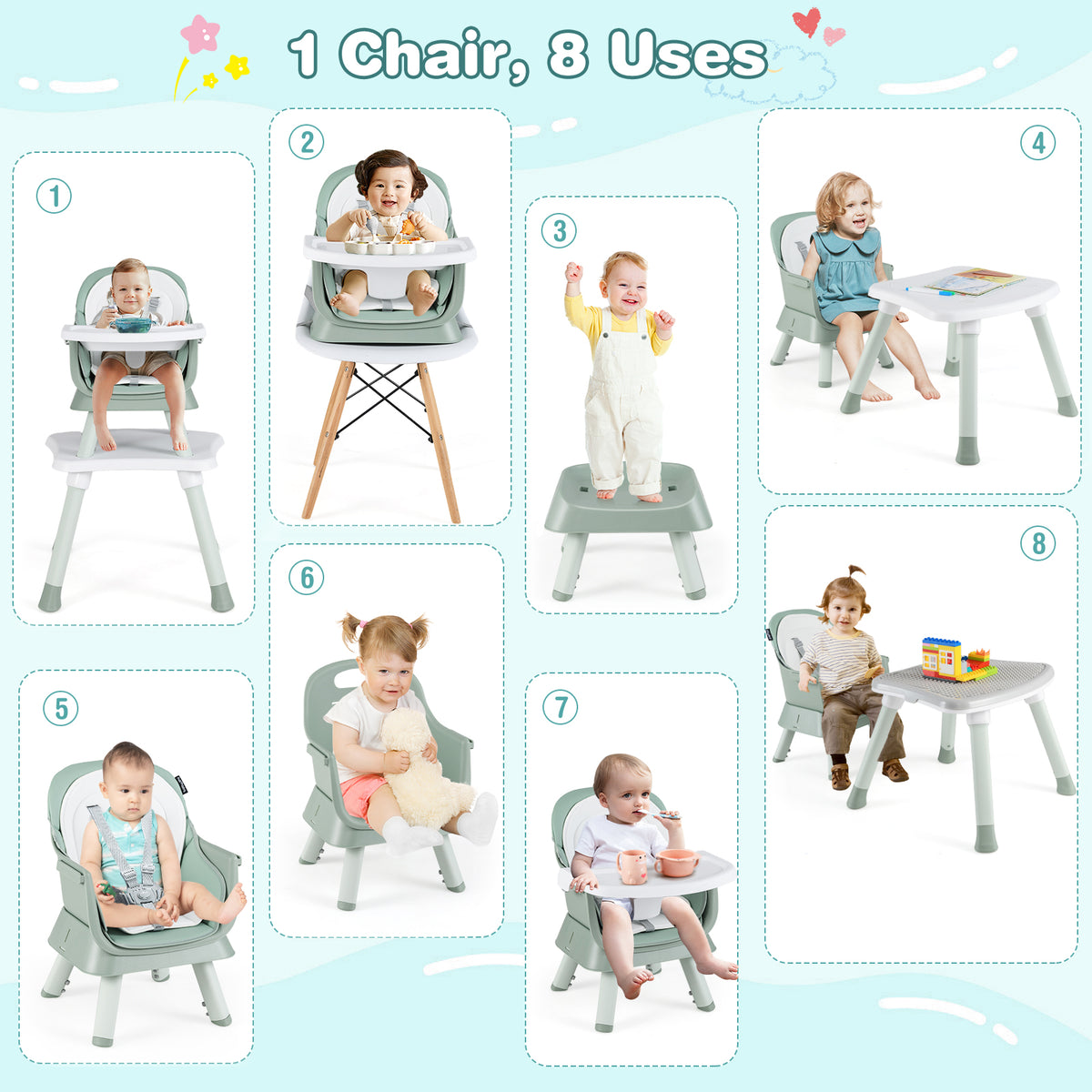 Green 8-in-1 Convertible Baby High Chair with Adjustable Removable Tray