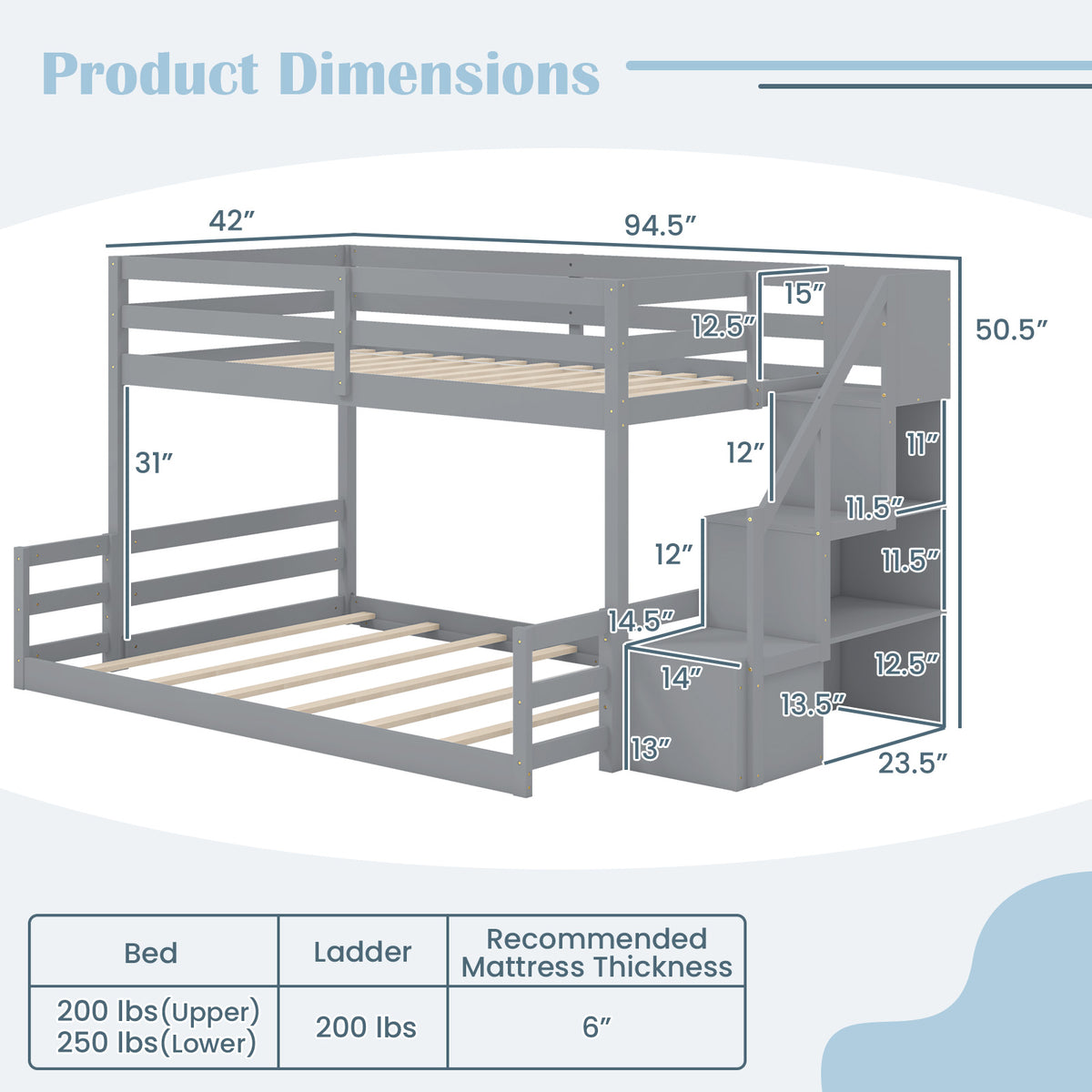 Twin Over Full Bunk Bed with Storage Stairs - Gray