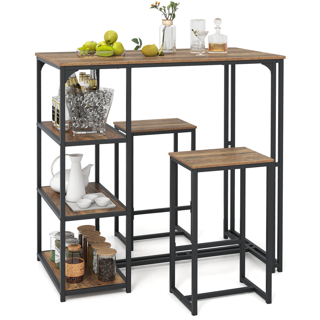 3-Piece Bar Table Set with 2 Stools, Rustic Brown