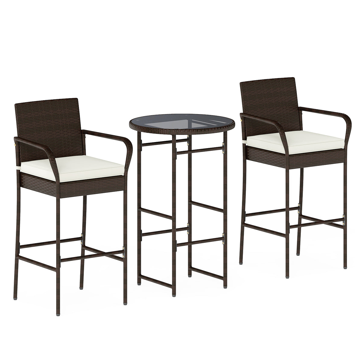 3 Piece Outdoor Bar Set with Cushions, White - Style 1