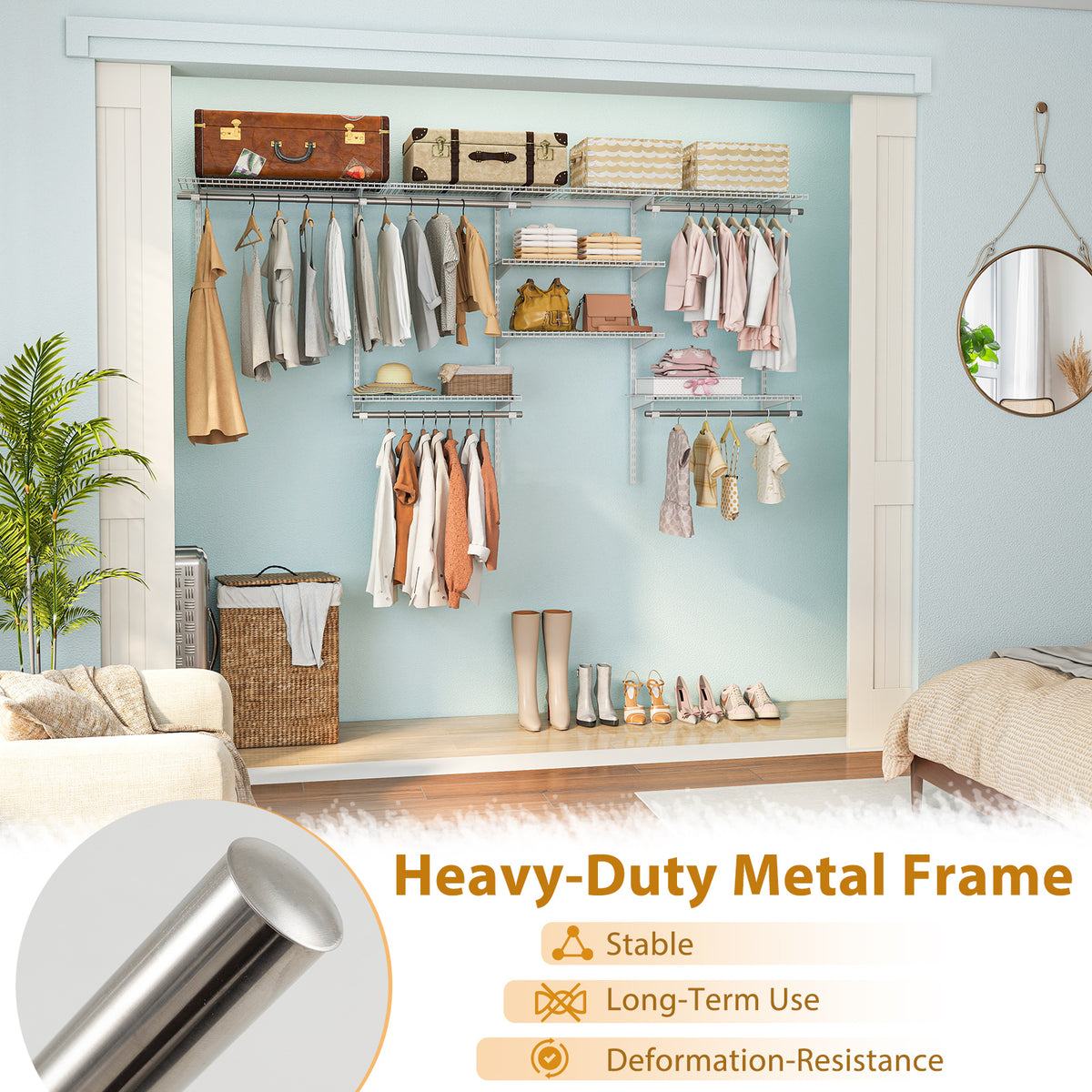 4-8 Feet Closet Organizers and Storage System with Hanging Rod for