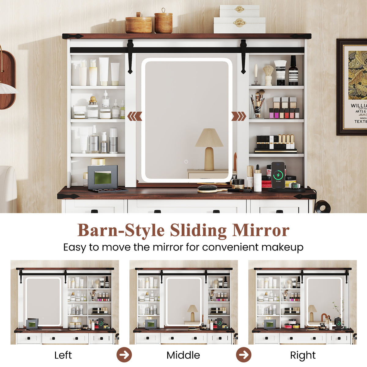 Farmhouse Vanity Desk with Sliding Mirror & 3 Lighting Modes, White