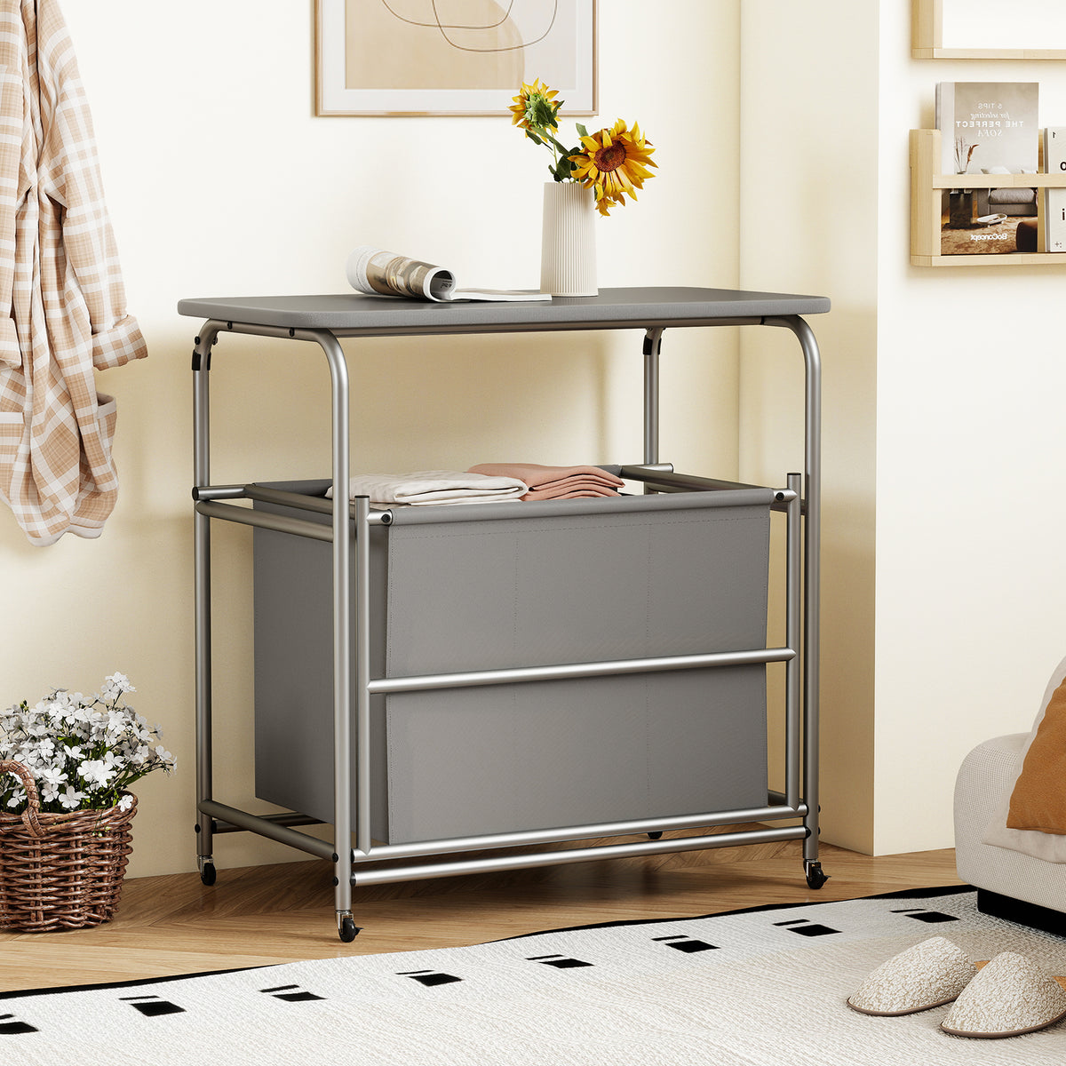 3-Section Laundry Sorter with Foldable Ironing Board, Gray