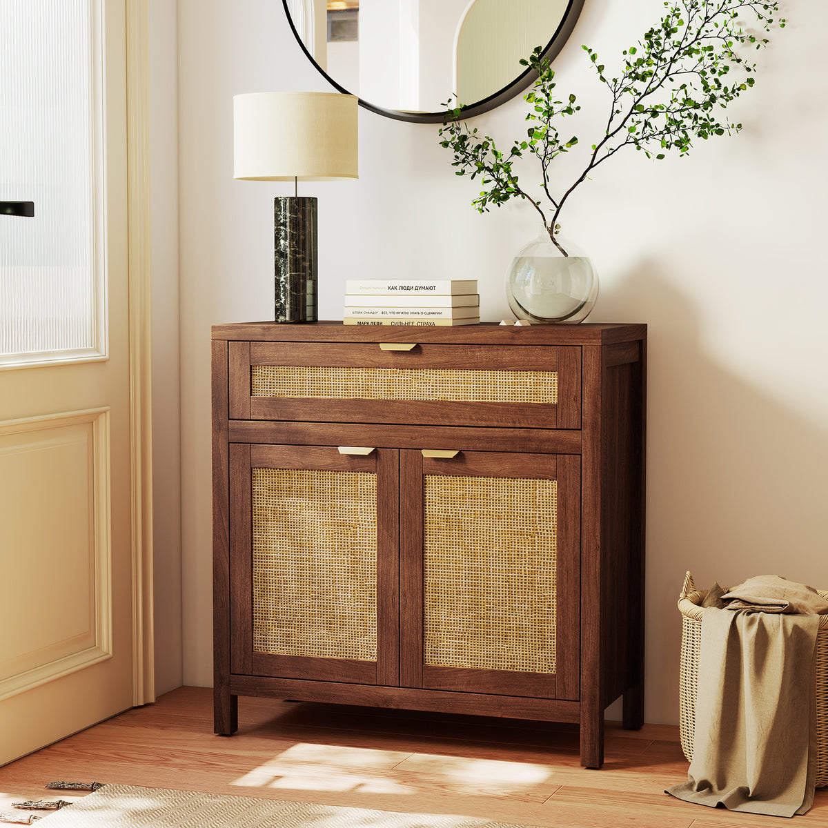 Sideboard Storage Cabinet with Rattan Doors and Large Drawer - Brown
