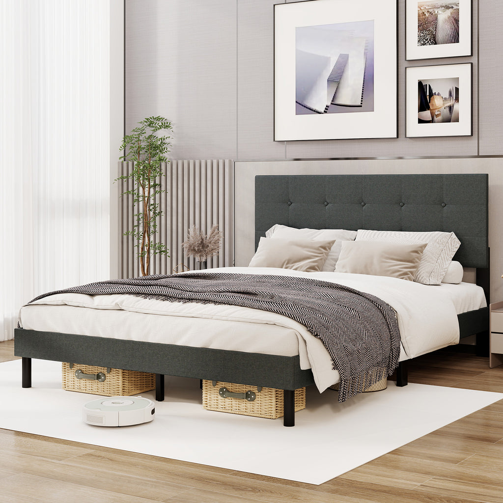 Queen Size Upholstered Bed Frame Linen Platform Bed - Dark Gray