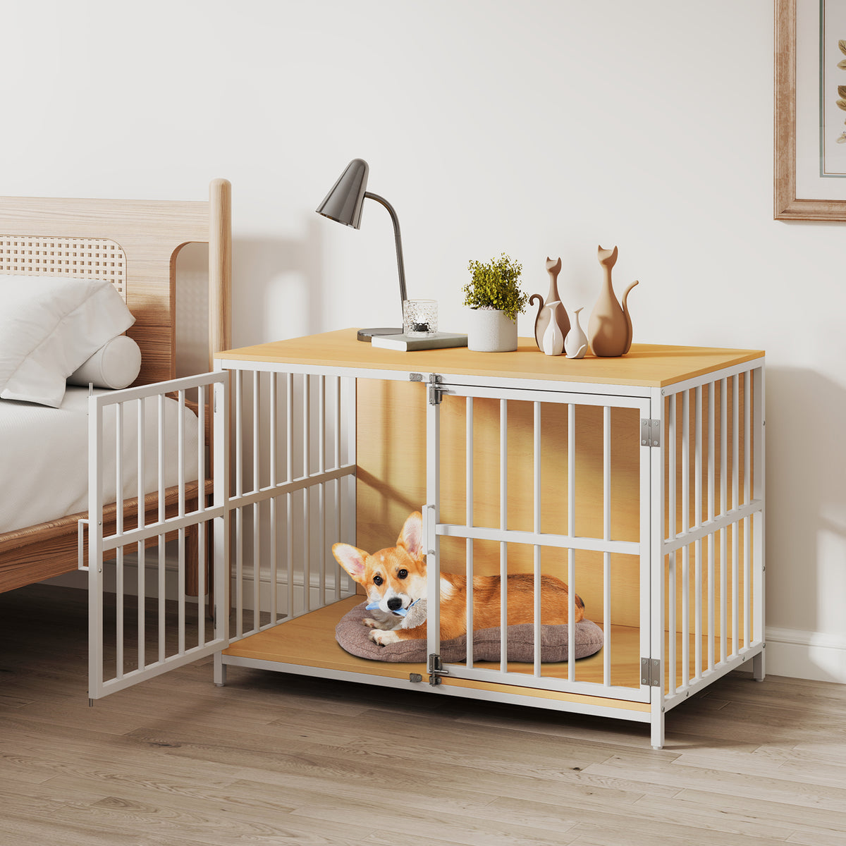 40 Inch Dog Crate Furniture with Dual Lockable Doors - Natural Variation