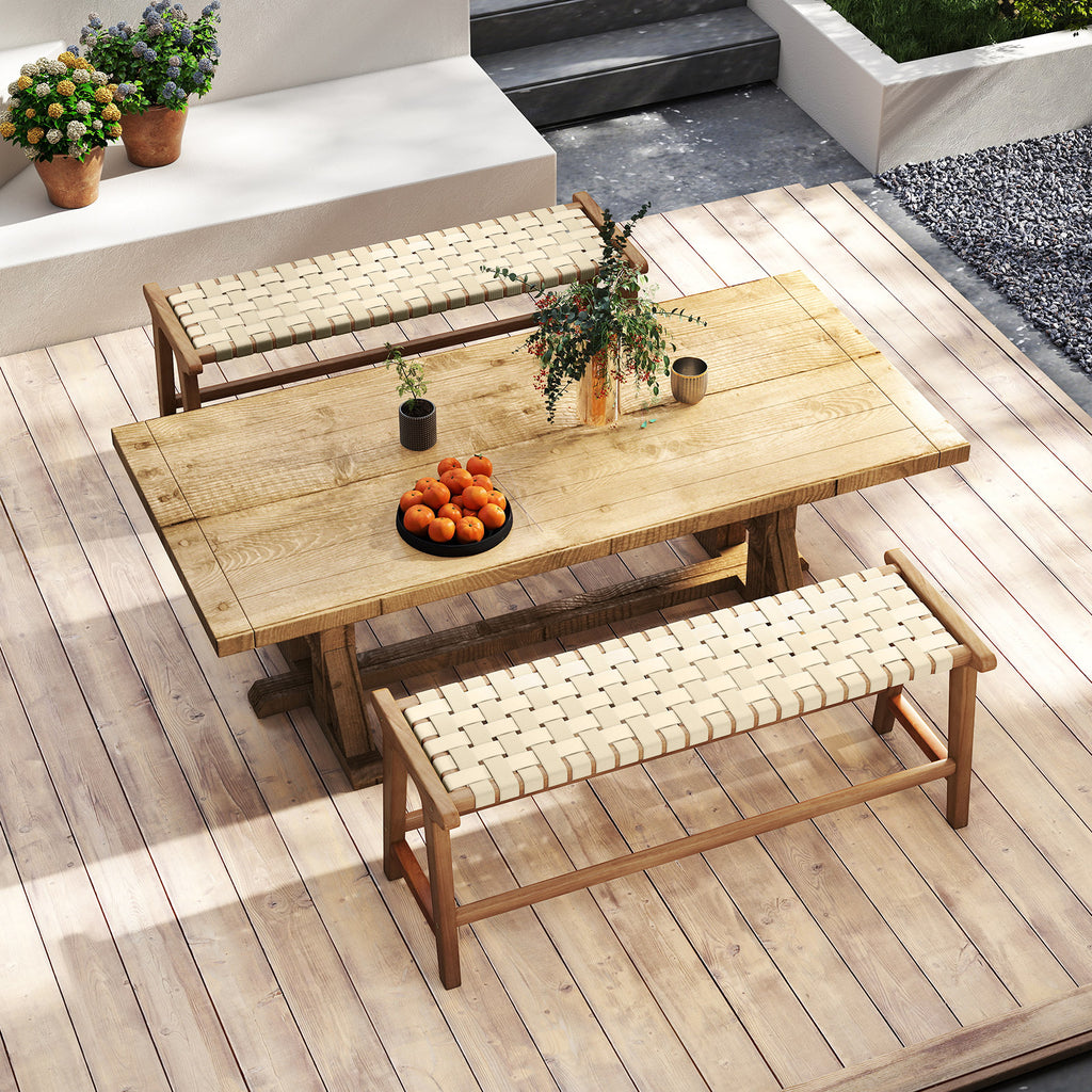 47 Inches Long Teak Wood Patio Bench with Weave Seat and Solid Legs