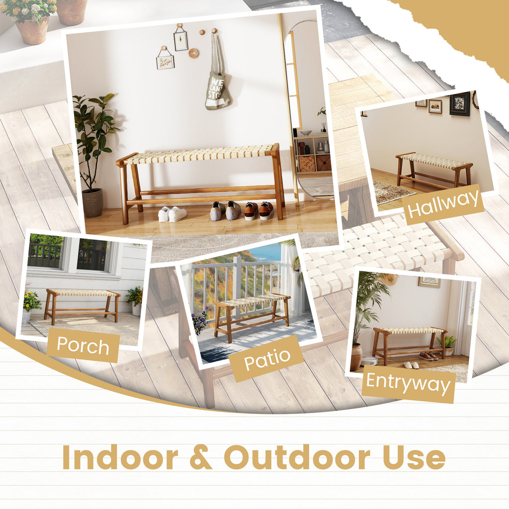 47 Inches Long Teak Wood Patio Bench with Weave Seat and Solid Legs