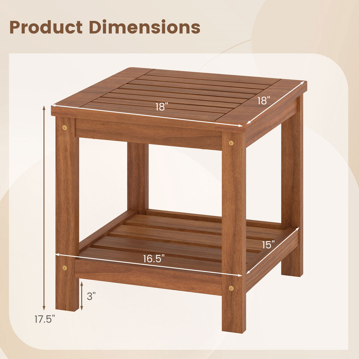 18" Solid Wood Outdoor Side Table with Storage Shelf