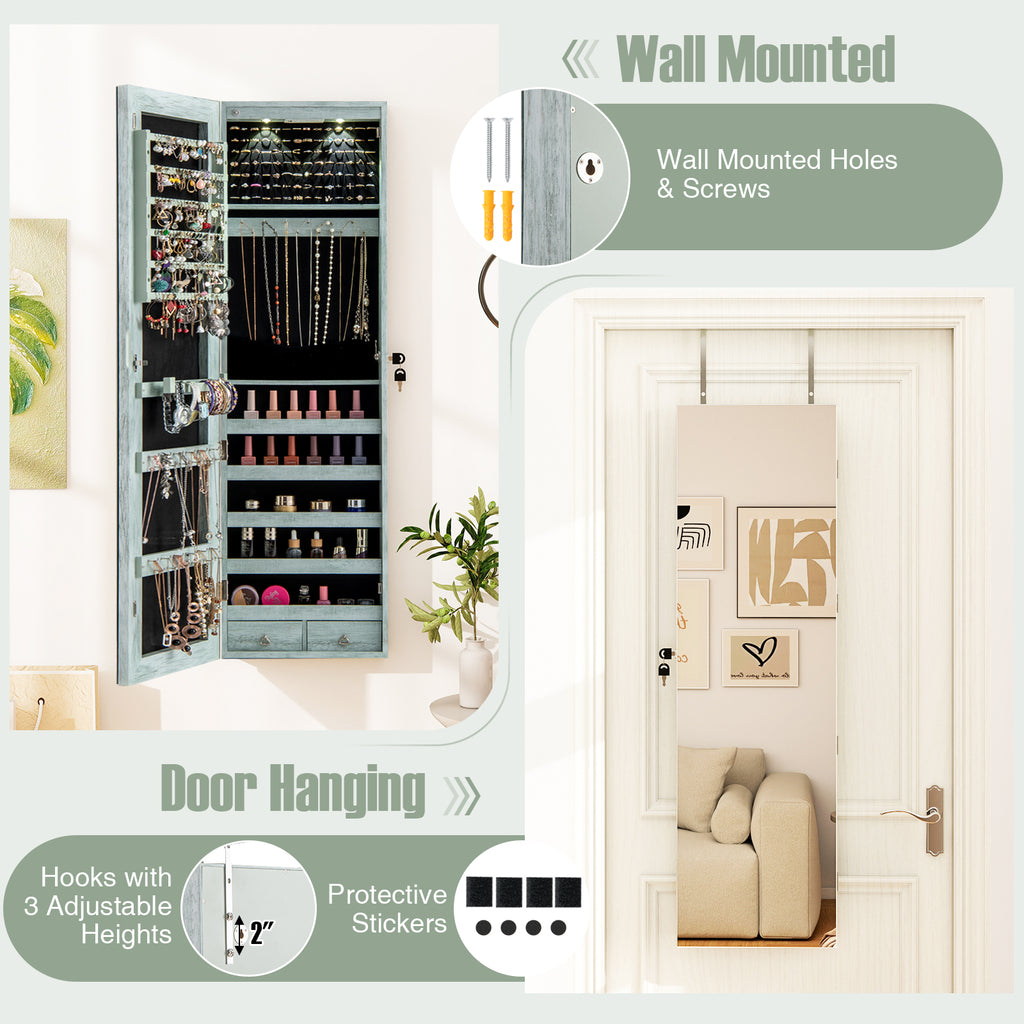 Wall-Mounted Mirrored Jewelry Armoire with LED Lights - Navy