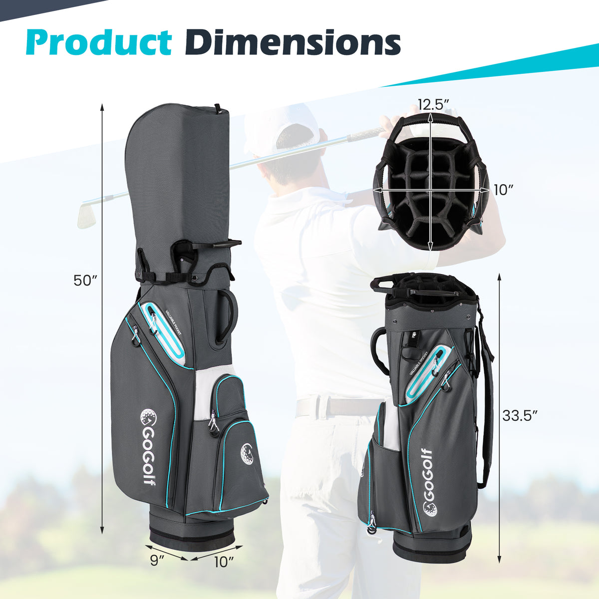 Lightweight Portable Golf Cart Bag with 14 Dividers & Multiple Pockets - Gray