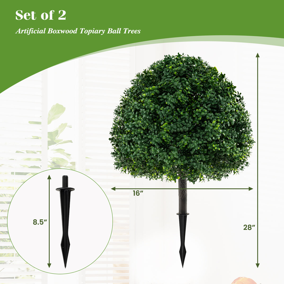 28-Inch Artificial Boxwood Topiary Ball Tree Set of 2 with Ground Spike - Green