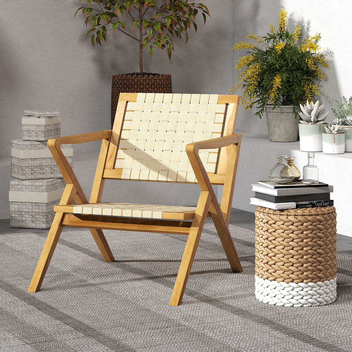 Outdoor and Indoor Teak Wood Patio Chair wuth Webbing Seat Backrest