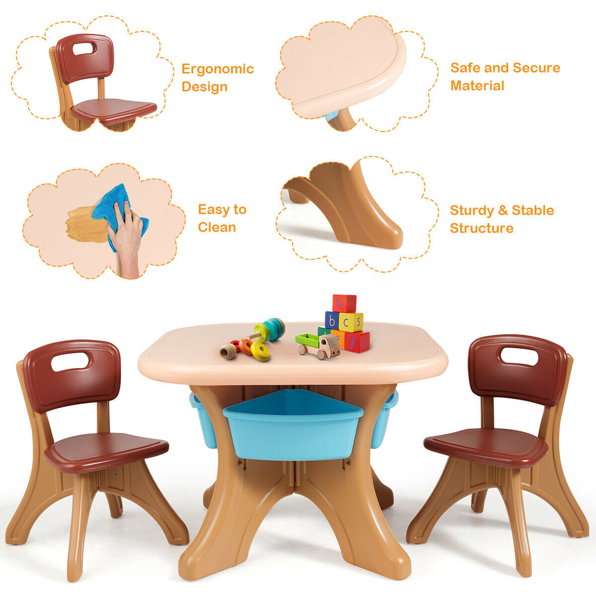 Kids Activity Table and Chair Set with Storage - Brown, Durable Plastic