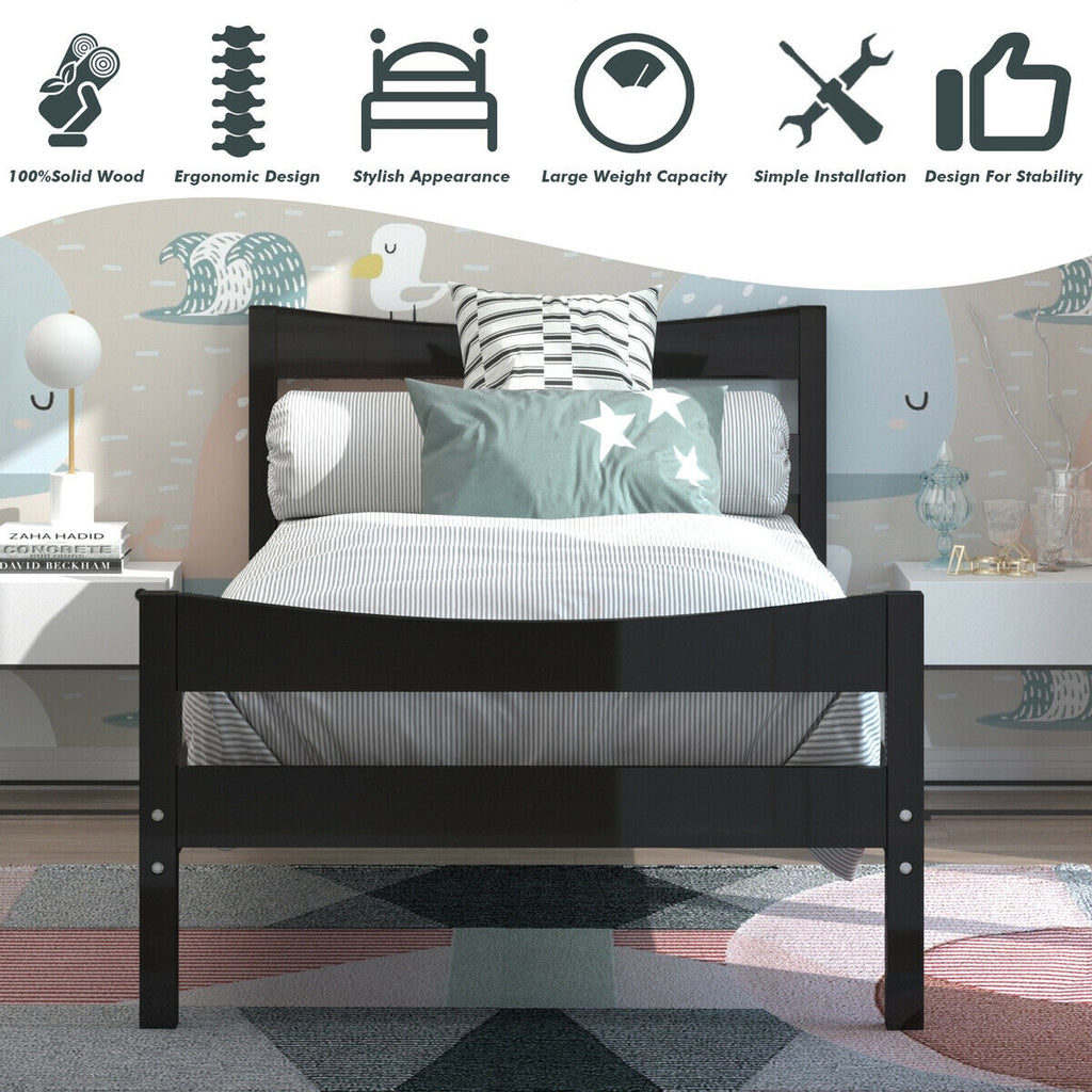 Twin Size Rustic Platform Bed Frame with Headboard - Dark Brown