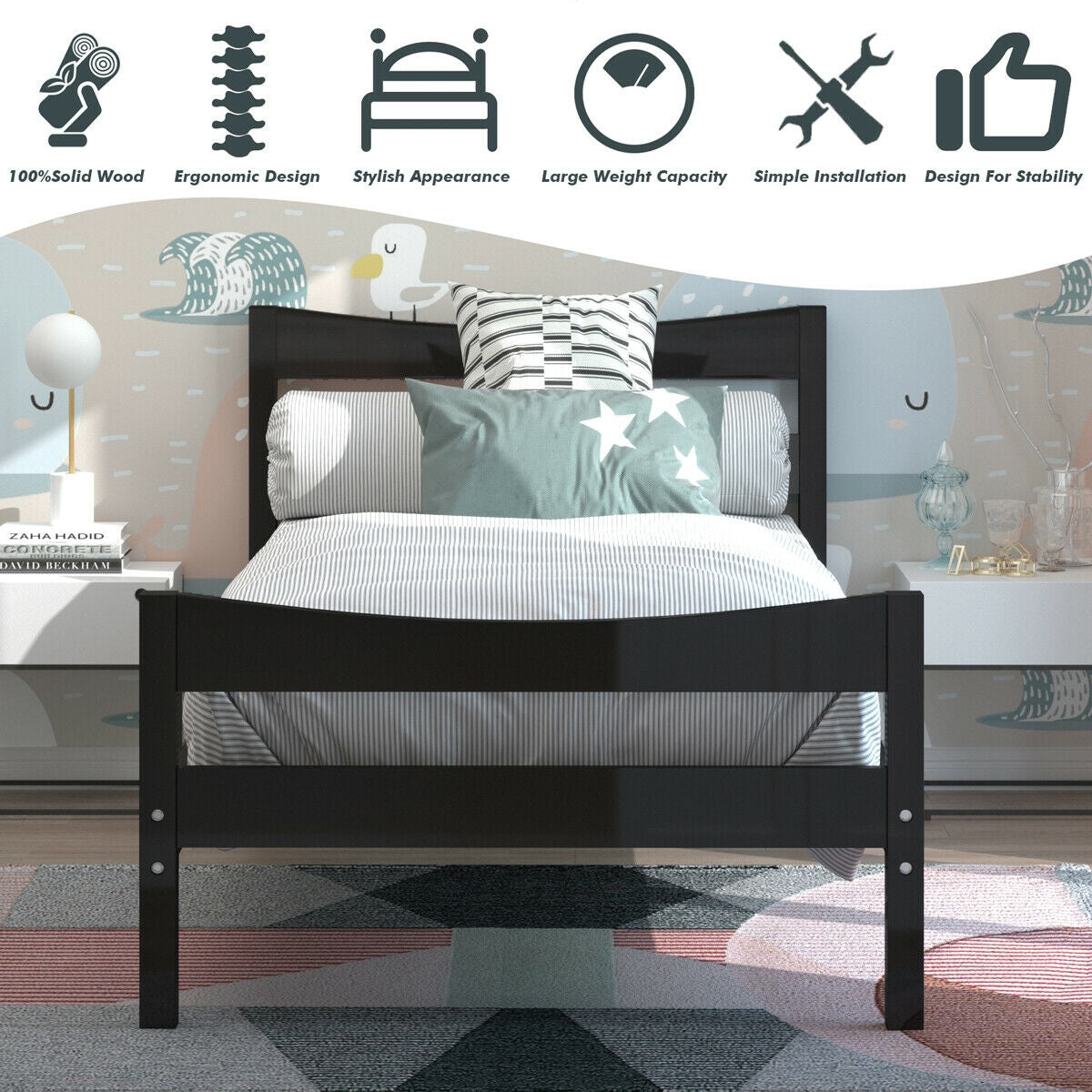 Twin Size Rustic Platform Bed Frame with Headboard - Dark Brown