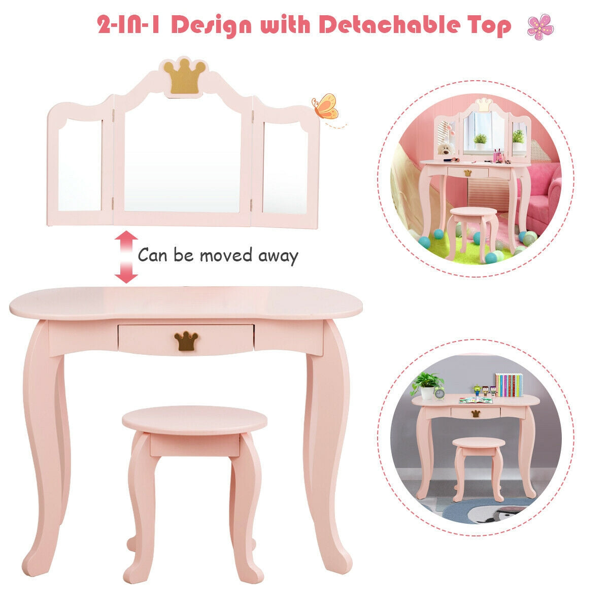 Kids Makeup Dressing Table with Tri-Fold Mirror & Stool - Pink - Costway