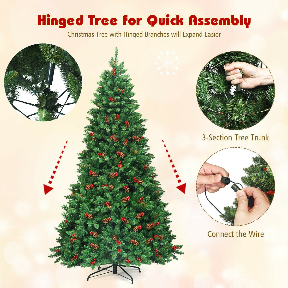 7.5Ft Pre-lit Hinged Christmas Tree with 550 LED Lights & Metal Stand