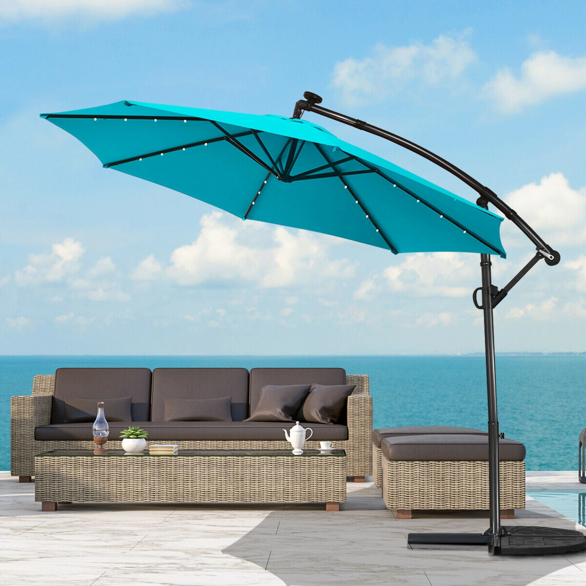10 x 8 Feet Solar LED Patio Umbrella with 360° Rotation, Turquoise