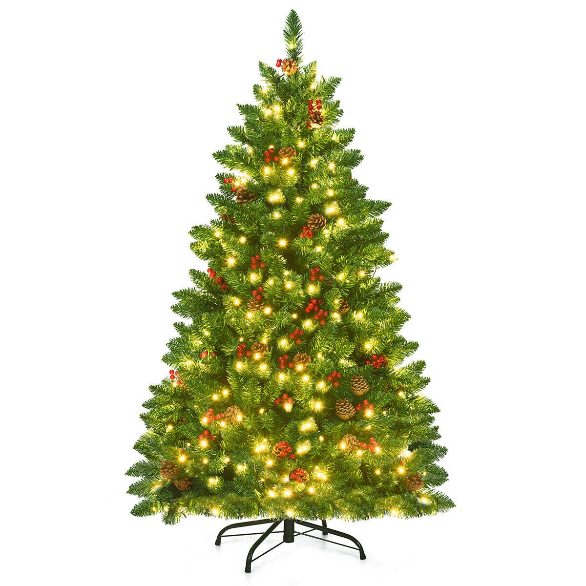 4.5 Feet Pre-Lit Hinged Christmas Tree with 300 LED Lights and Pine Cone Decor