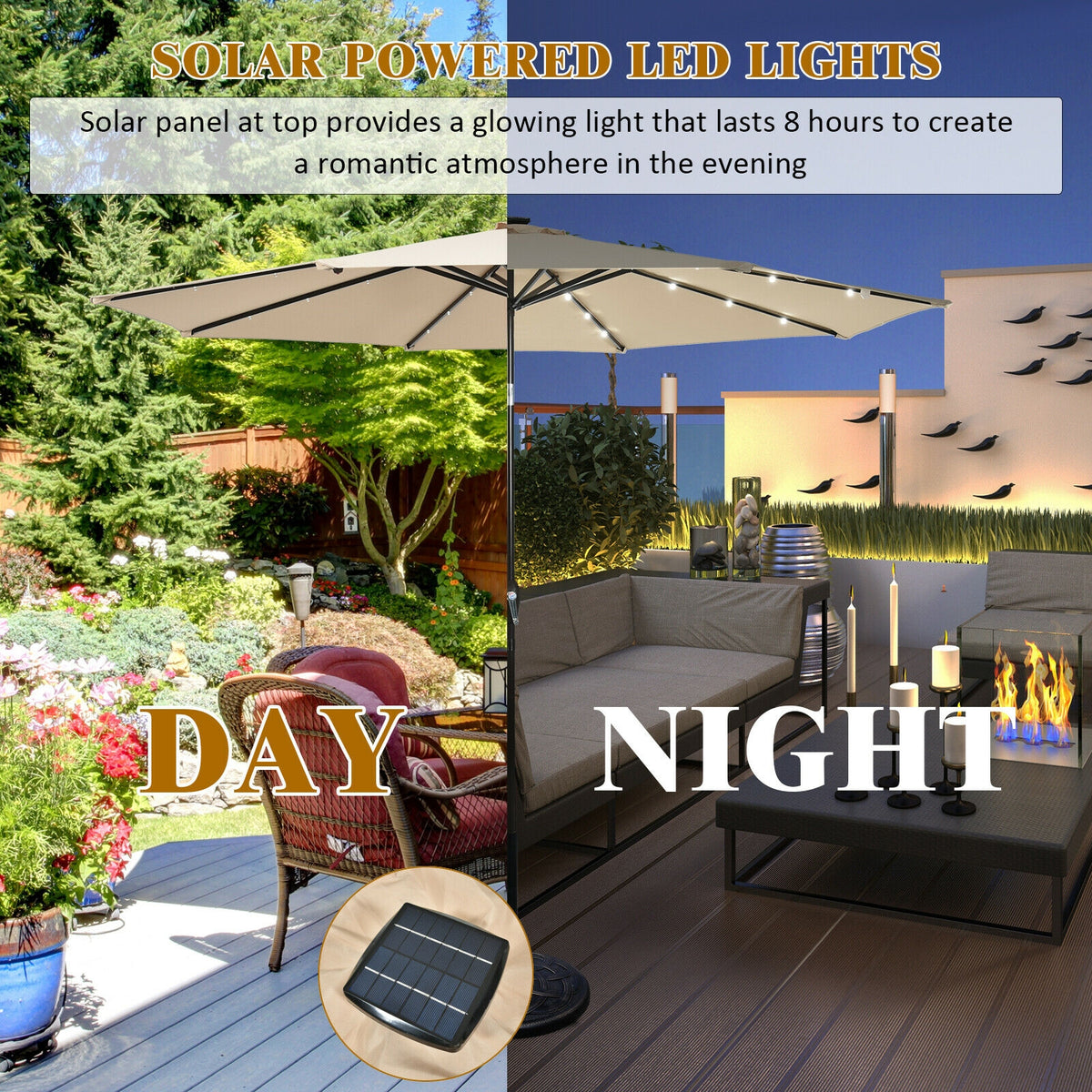10 Ft Solar Patio Umbrella with 24 LED Lights - Beige