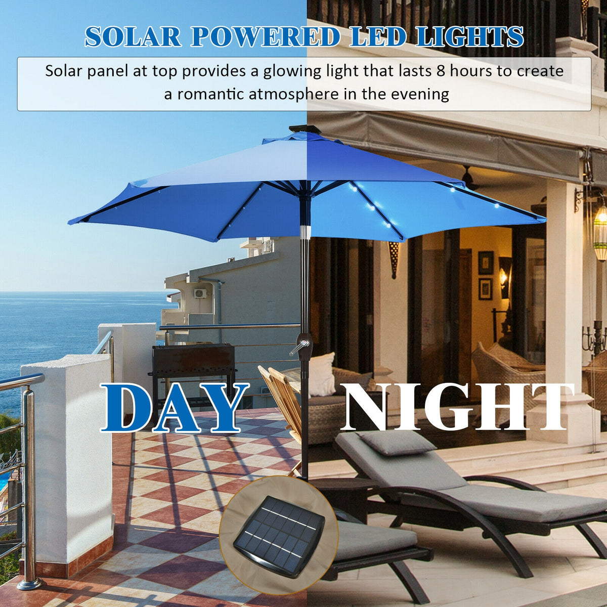 9x8 Solar LED Market Umbrella with Tilt - 18 Lights, Blue