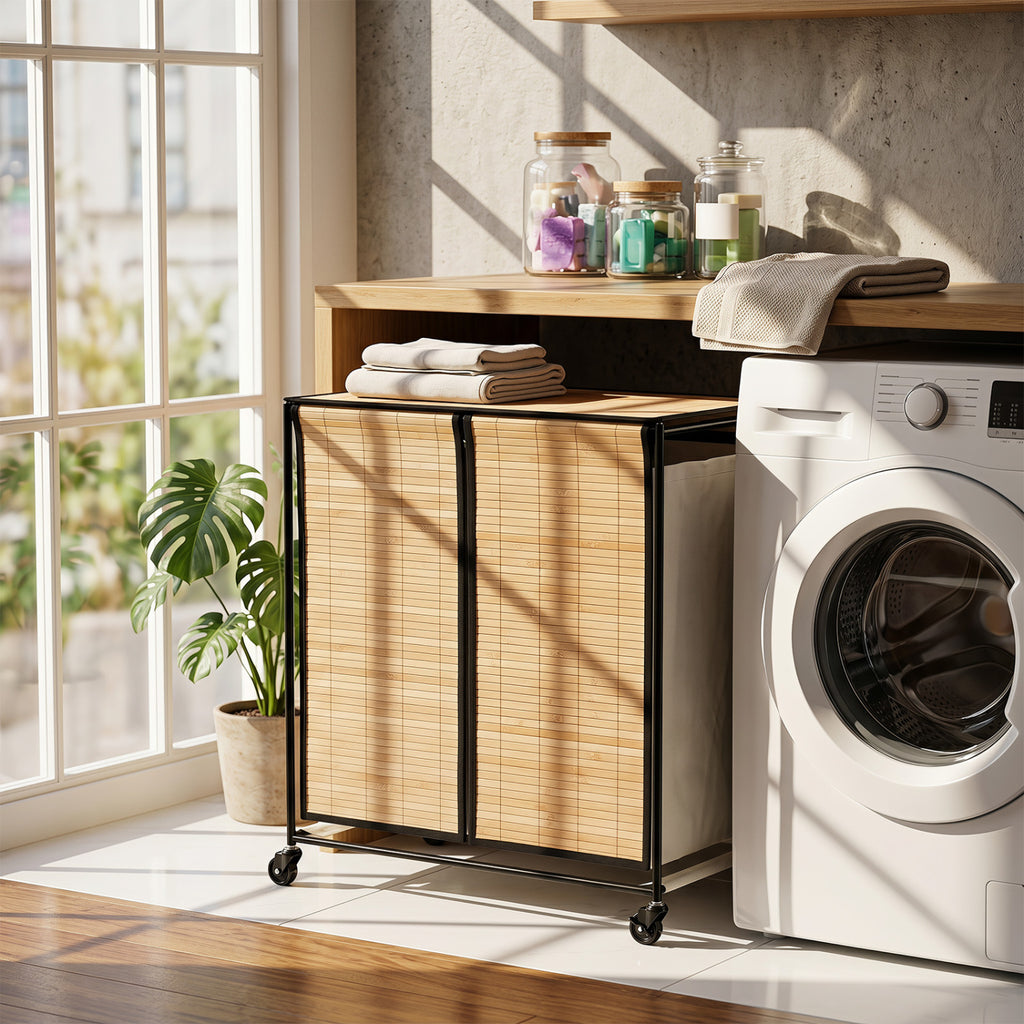 Bamboo 2-Section Laundry Hamper with Wheels & Lid - Natural