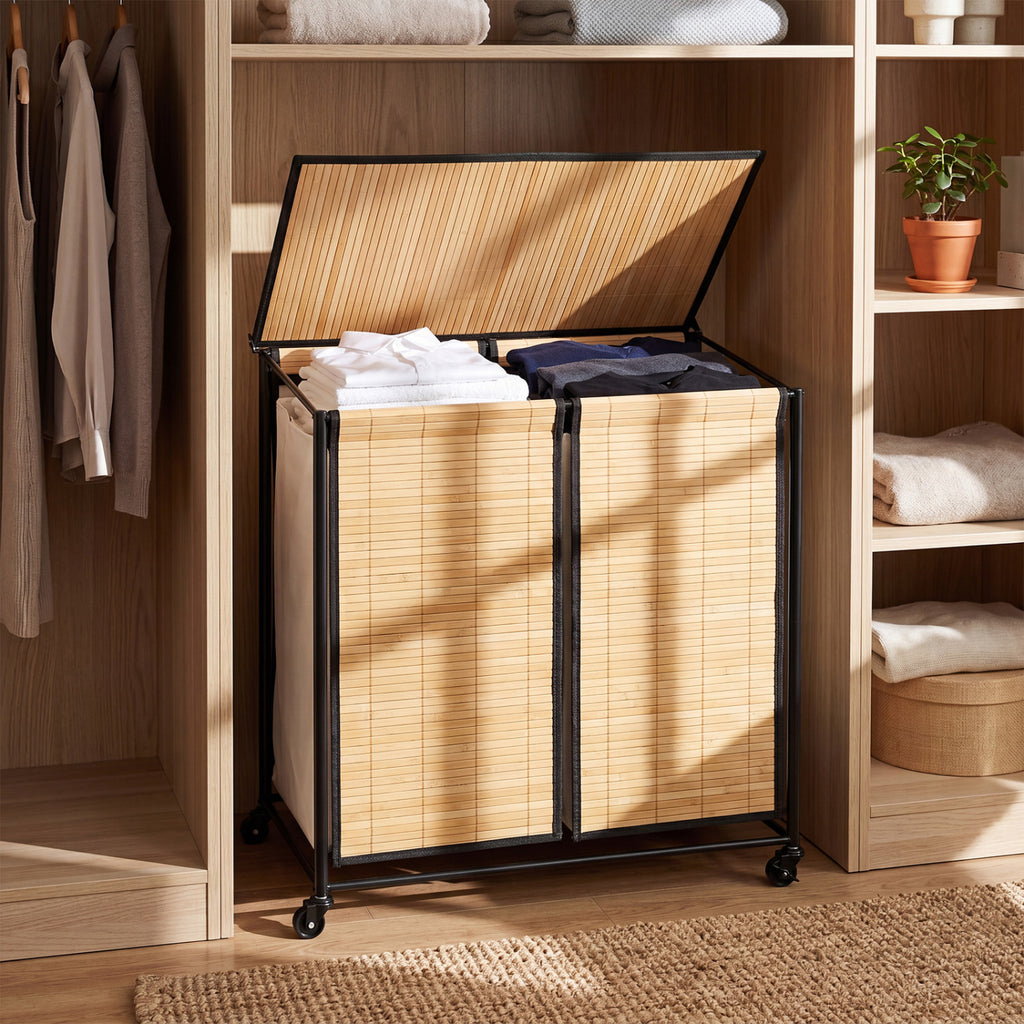 Bamboo 2-Section Laundry Hamper with Wheels & Lid - Natural