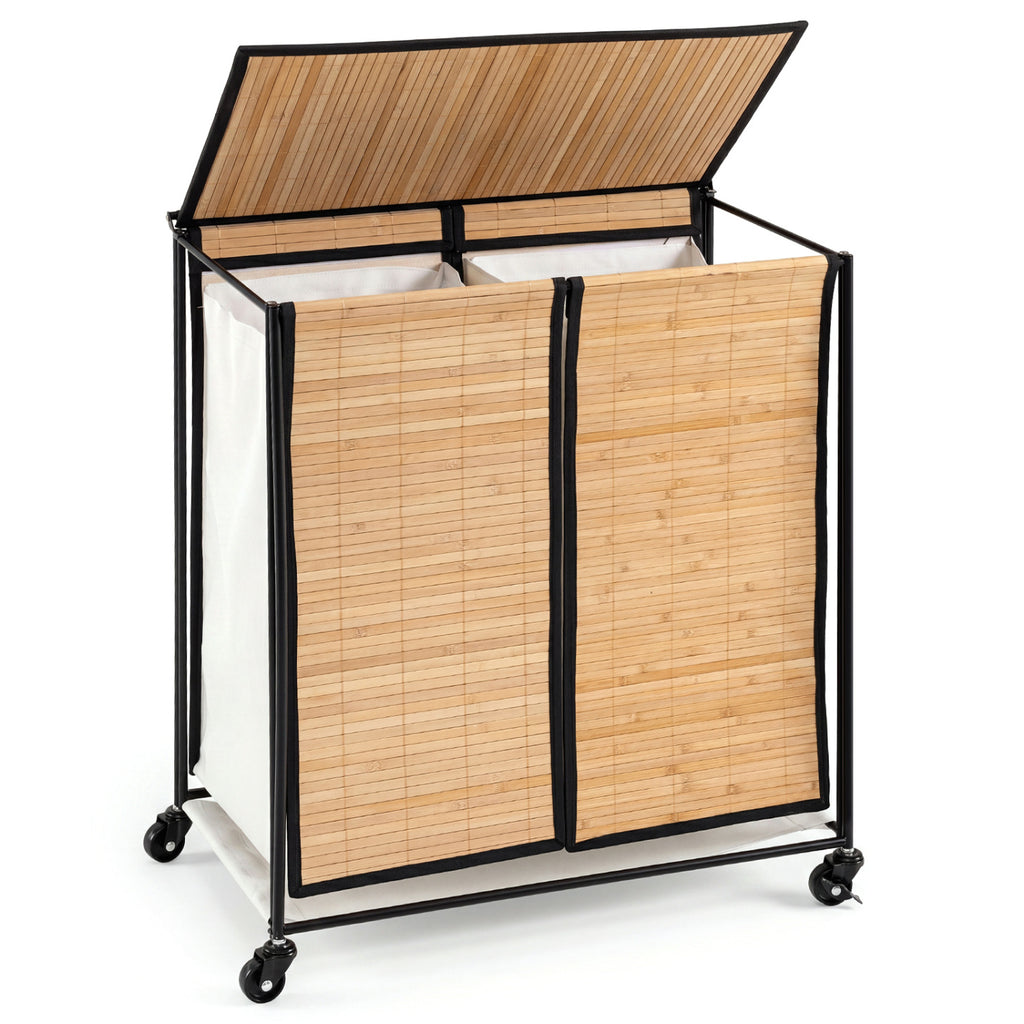 Bamboo 2-Section Laundry Hamper with Wheels & Lid - Natural