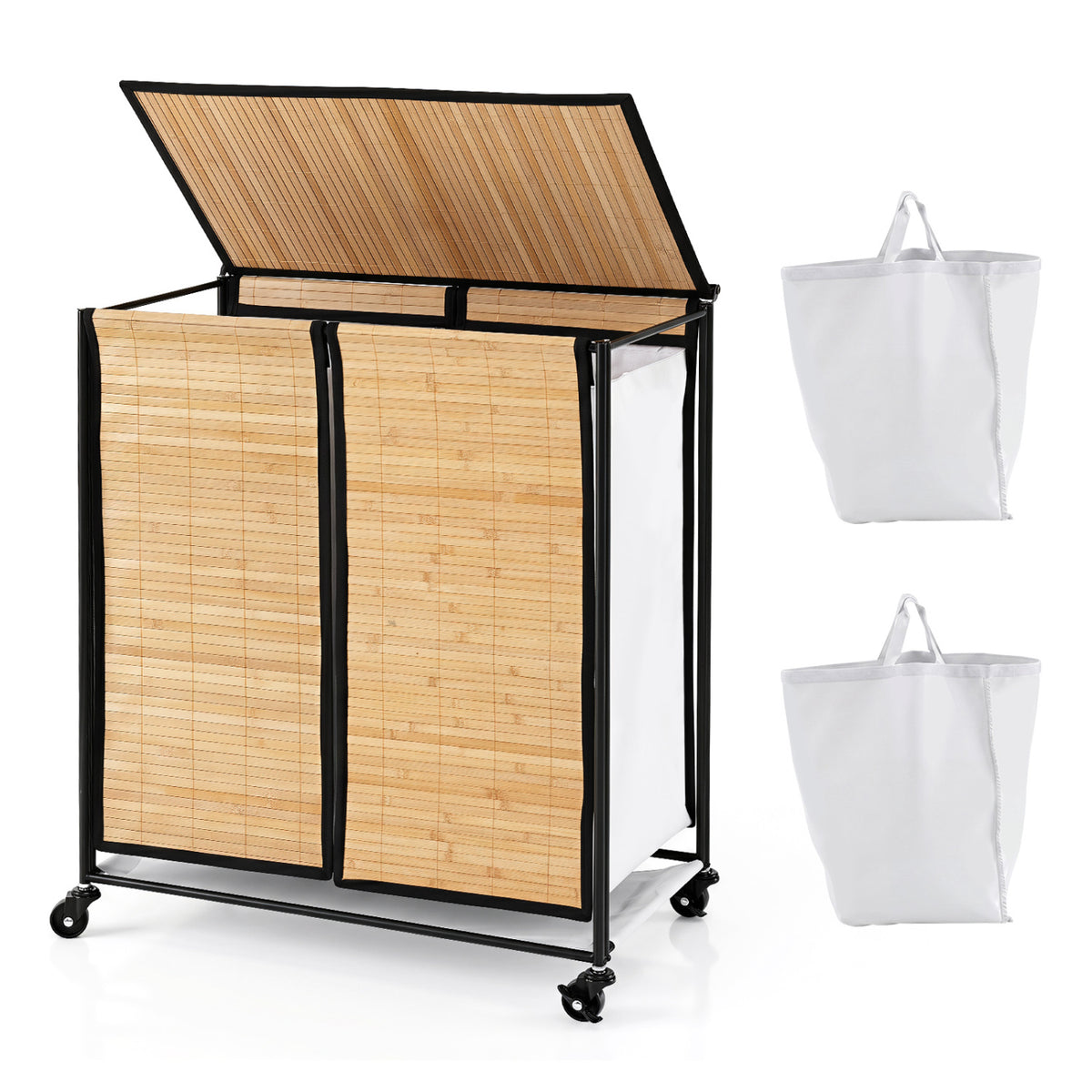Bamboo 2-Section Laundry Hamper with Wheels & Lid - Natural