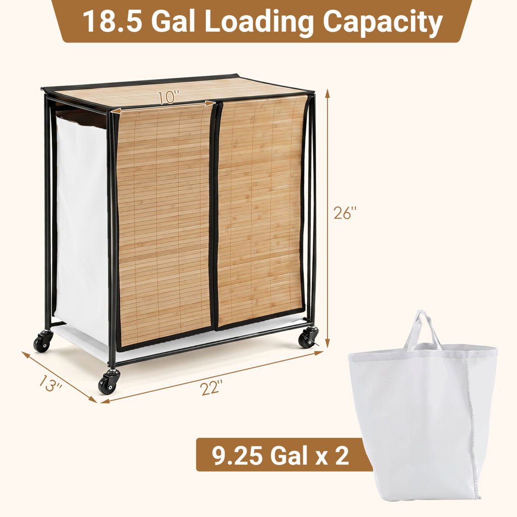 Bamboo 2-Section Laundry Hamper with Wheels & Lid - Natural