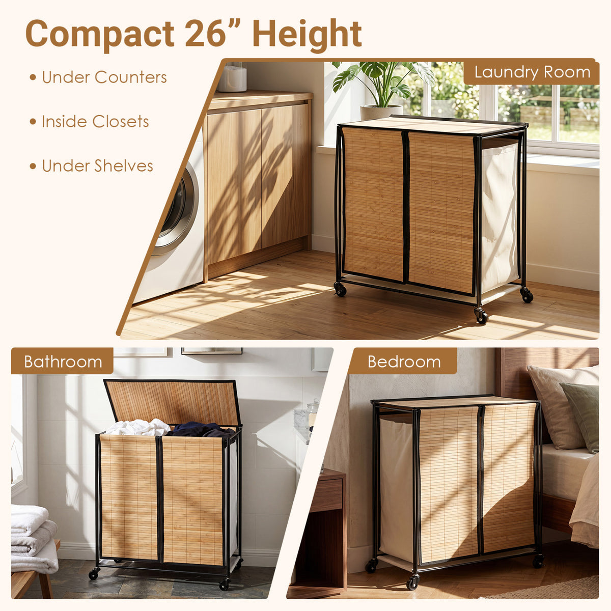 Bamboo 2-Section Laundry Hamper with Wheels & Lid - Natural