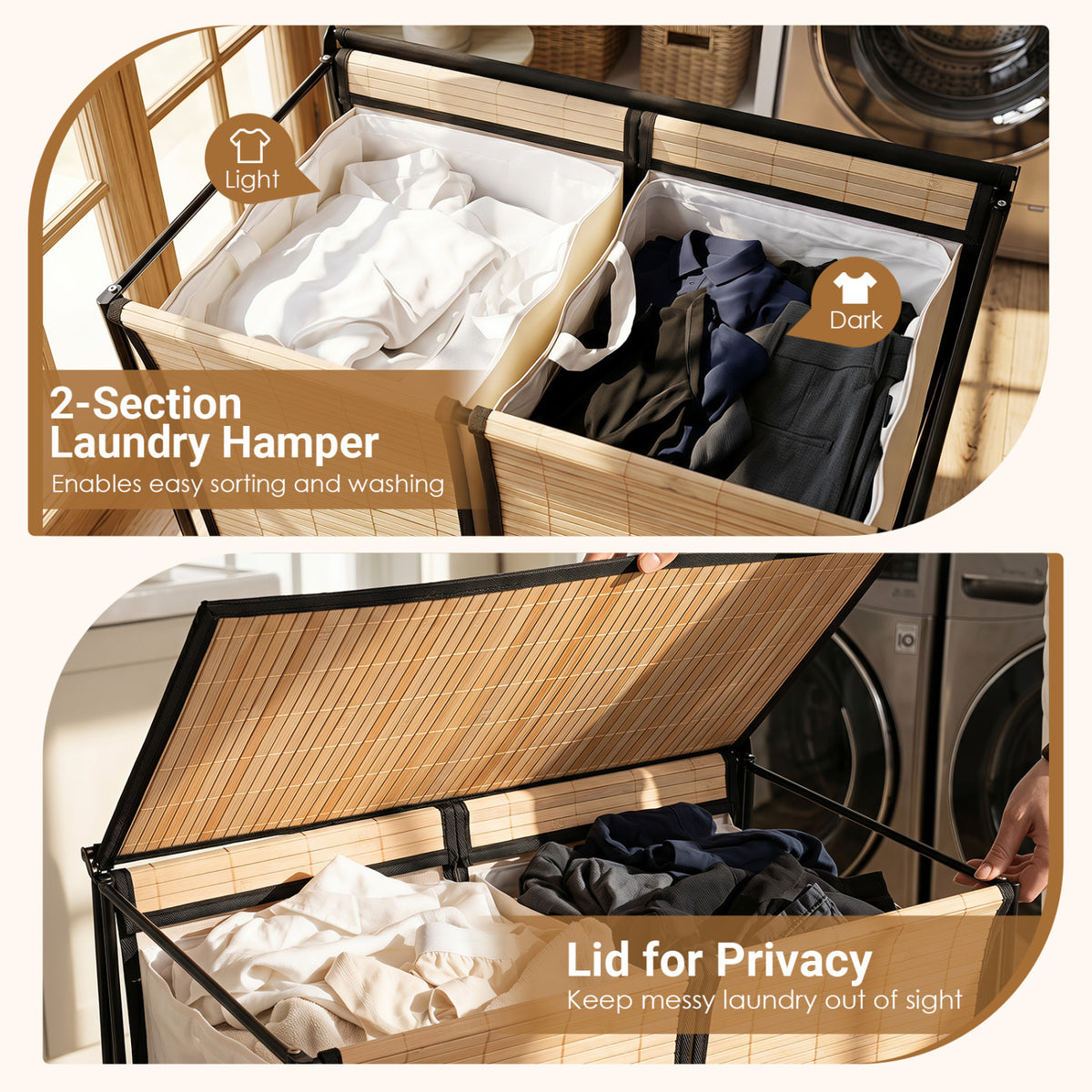 Bamboo 2-Section Laundry Hamper with Wheels & Lid - Natural